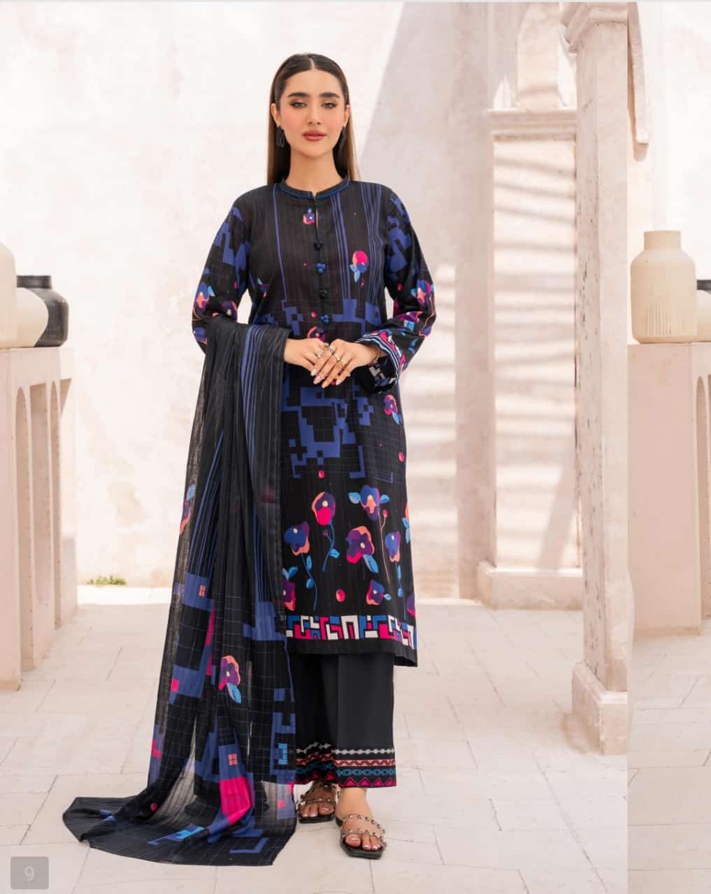 Chic Digital Printed Lawn Suit – Black & Blue Fusion | Miro